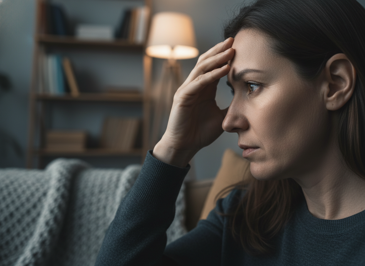 Person in contemplative pose seeking wellness solutions