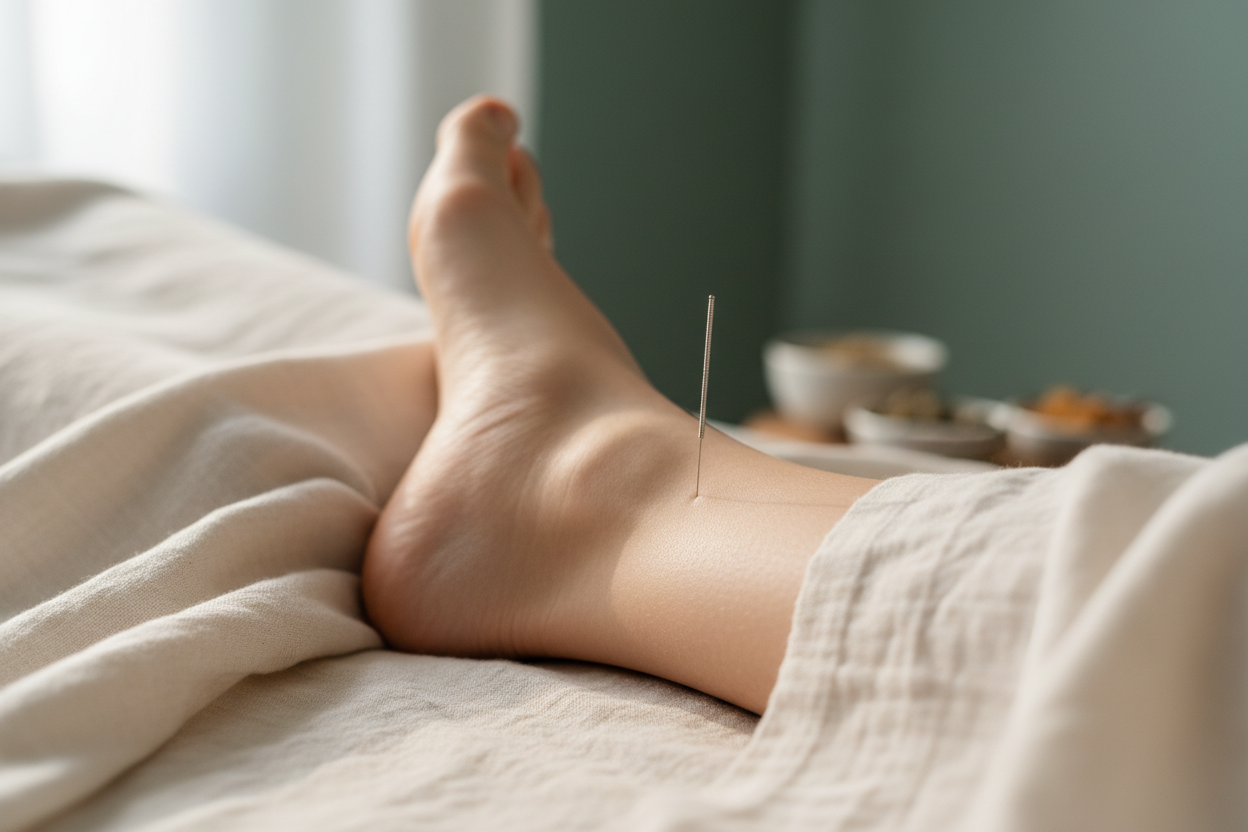 Close-up of acupuncture needles gently placed on hand
