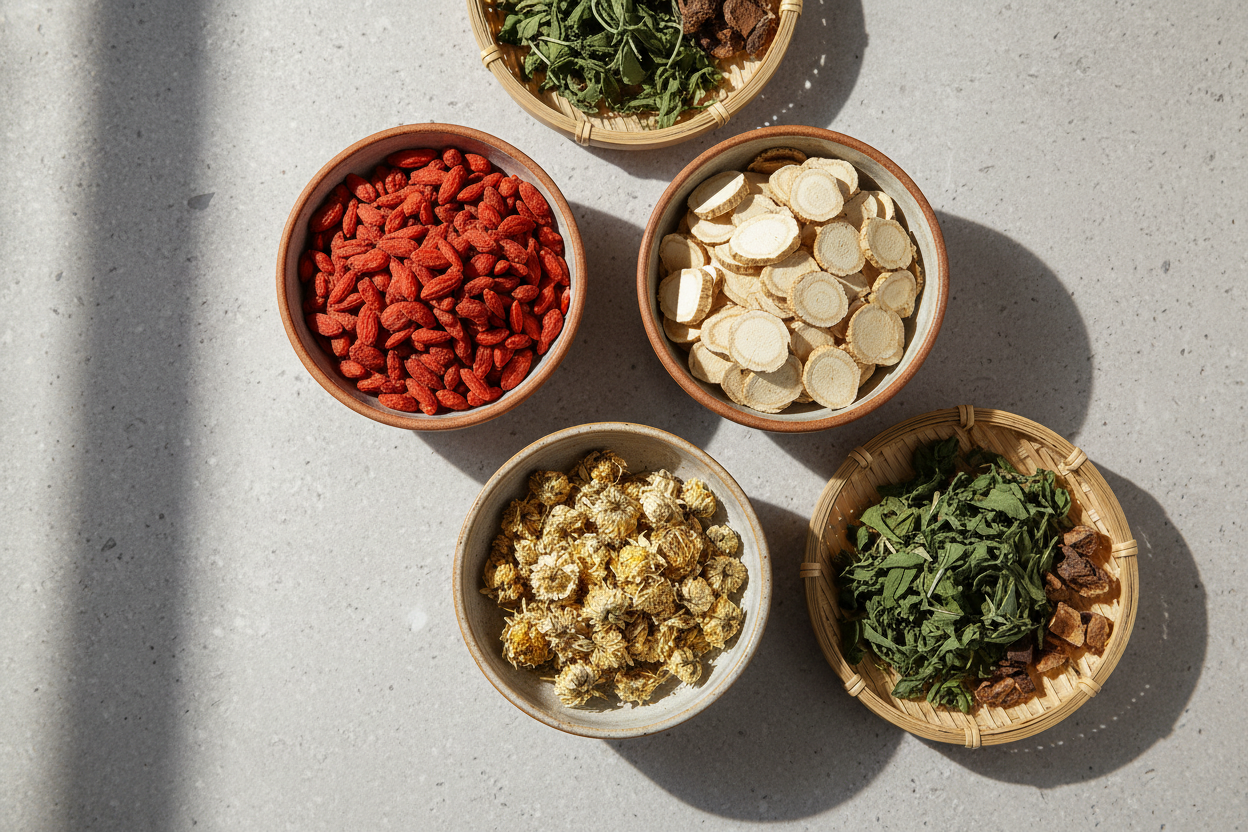 Artful arrangement of dried Chinese herbs in ceramic bowls